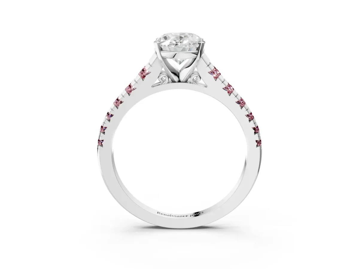 Oval Cut Diamond Cathedral Solitaire Ring with Round Morganite Pavé Band Silver