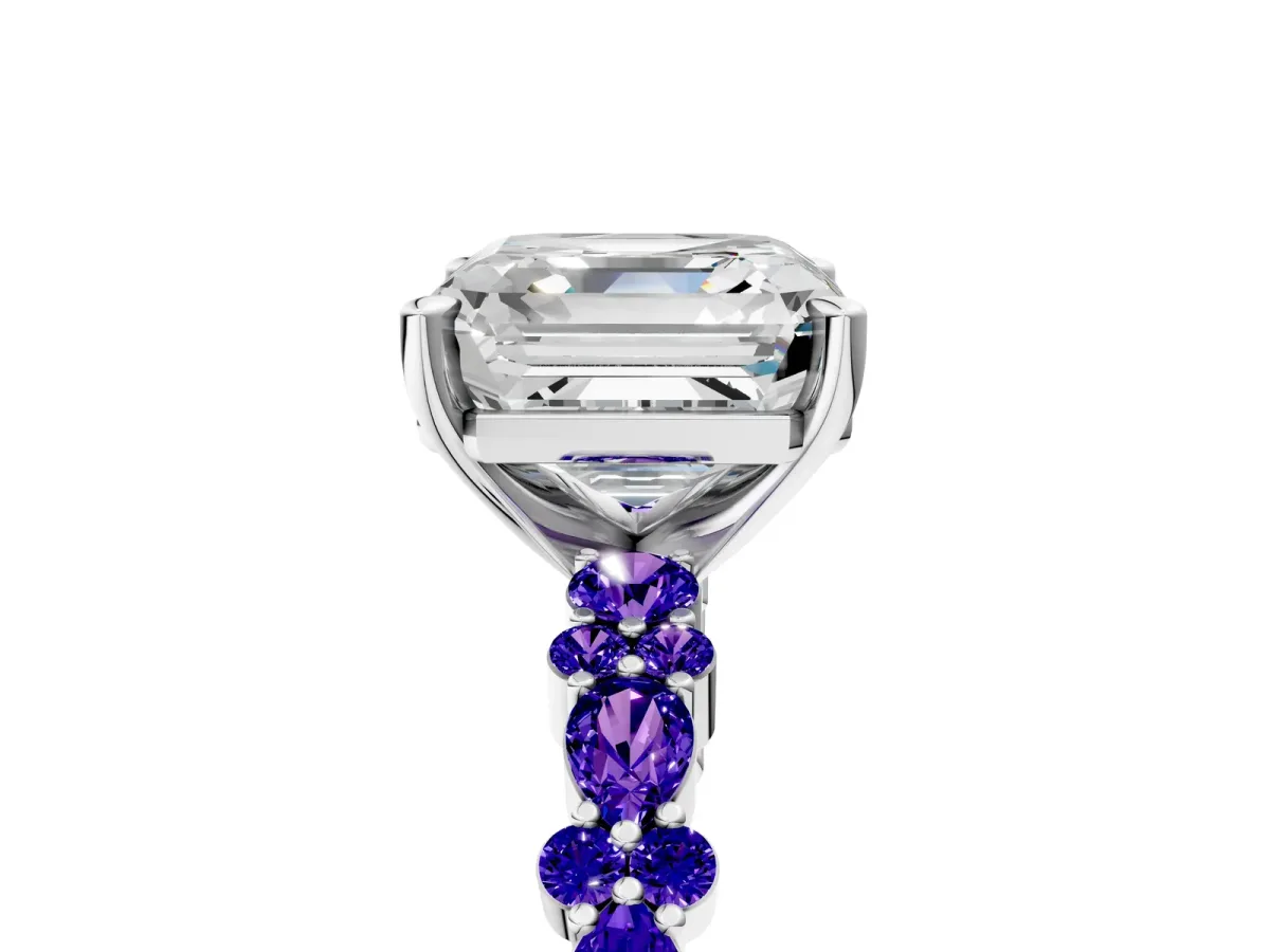 Asscher Cut Diamond Side Stone Solitaire Ring with Round Tanzanite and Four-Prong Setting Platinum