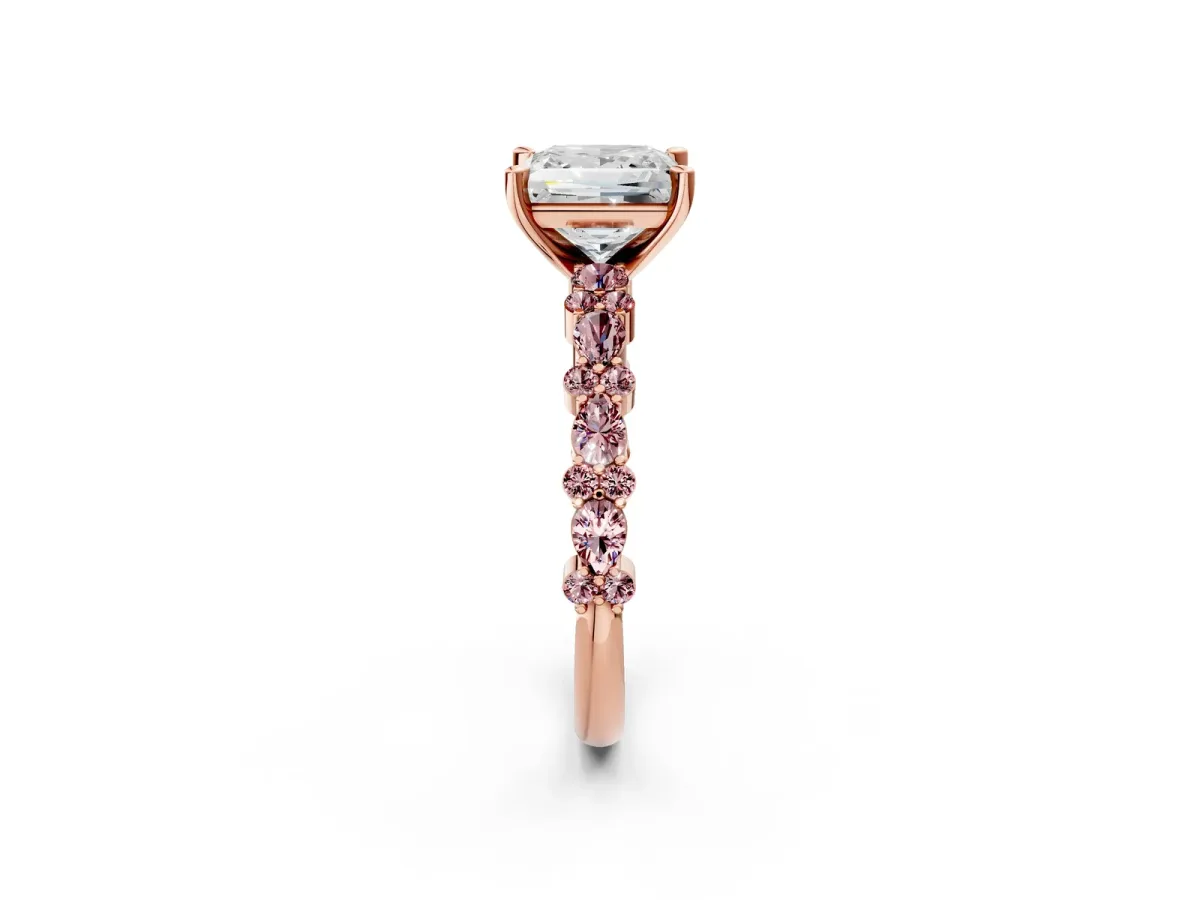 Princess Cut Diamond Side Stone Solitaire Ring with Round Morganite and Four-Prong Setting Rose gold