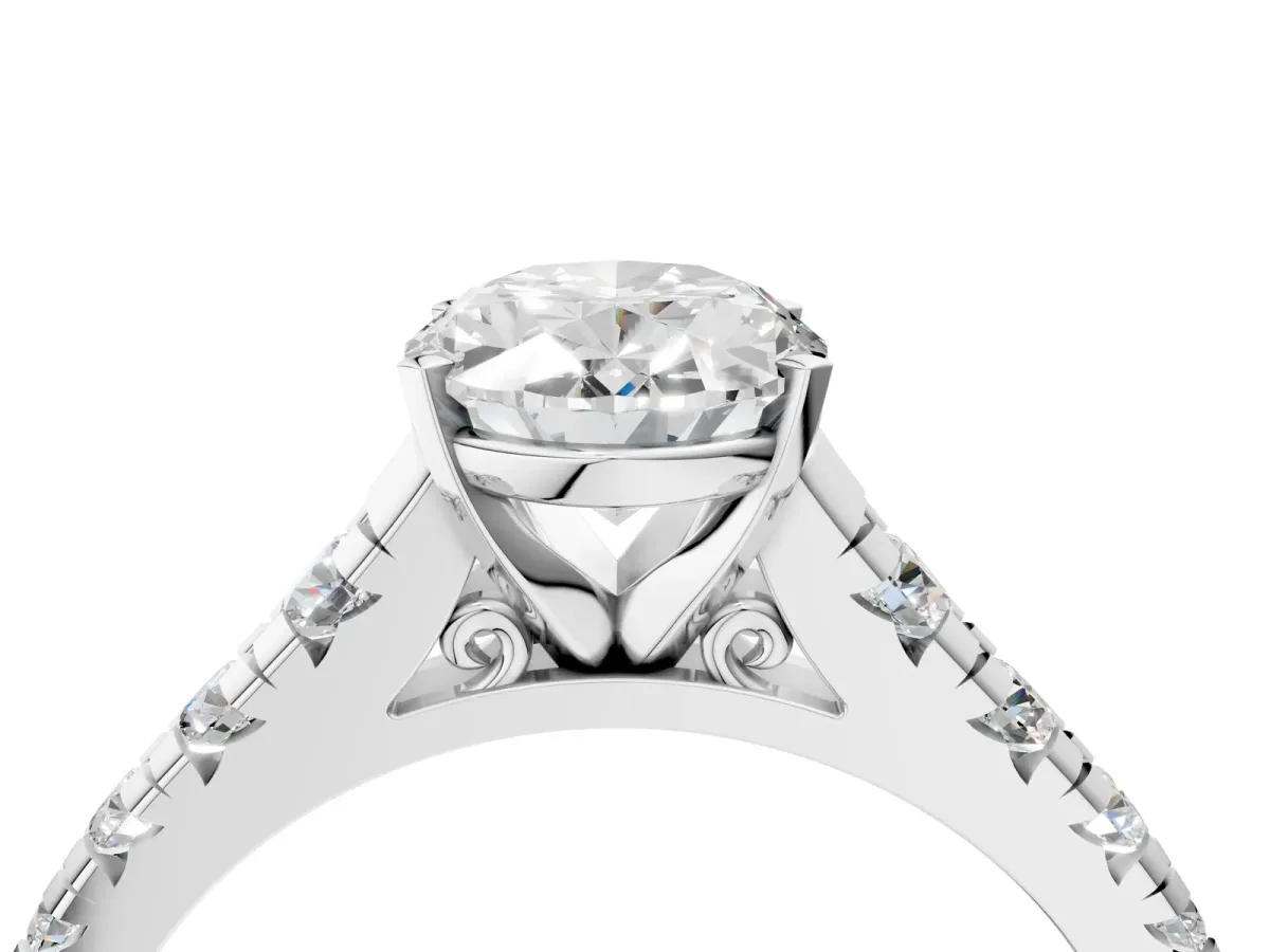 Oval Cut Diamond Cathedral Solitaire Ring with Round Moissanite Pavé Band Silver