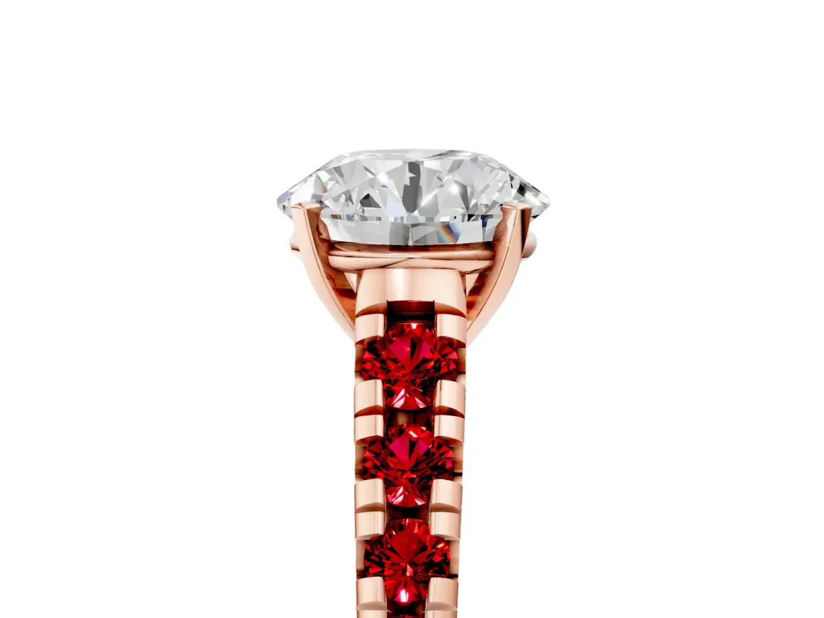Round Cut Diamond Cathedral Solitaire Ring with Round Ruby Pavé Band Rose gold