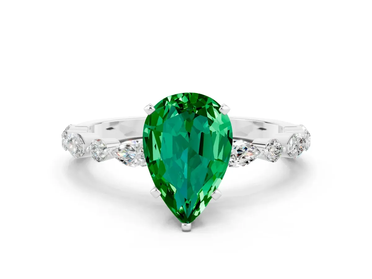 Pear Cut Emerald Ring with Marquise and Round Side Stones and Four-Prong Setting Platinum