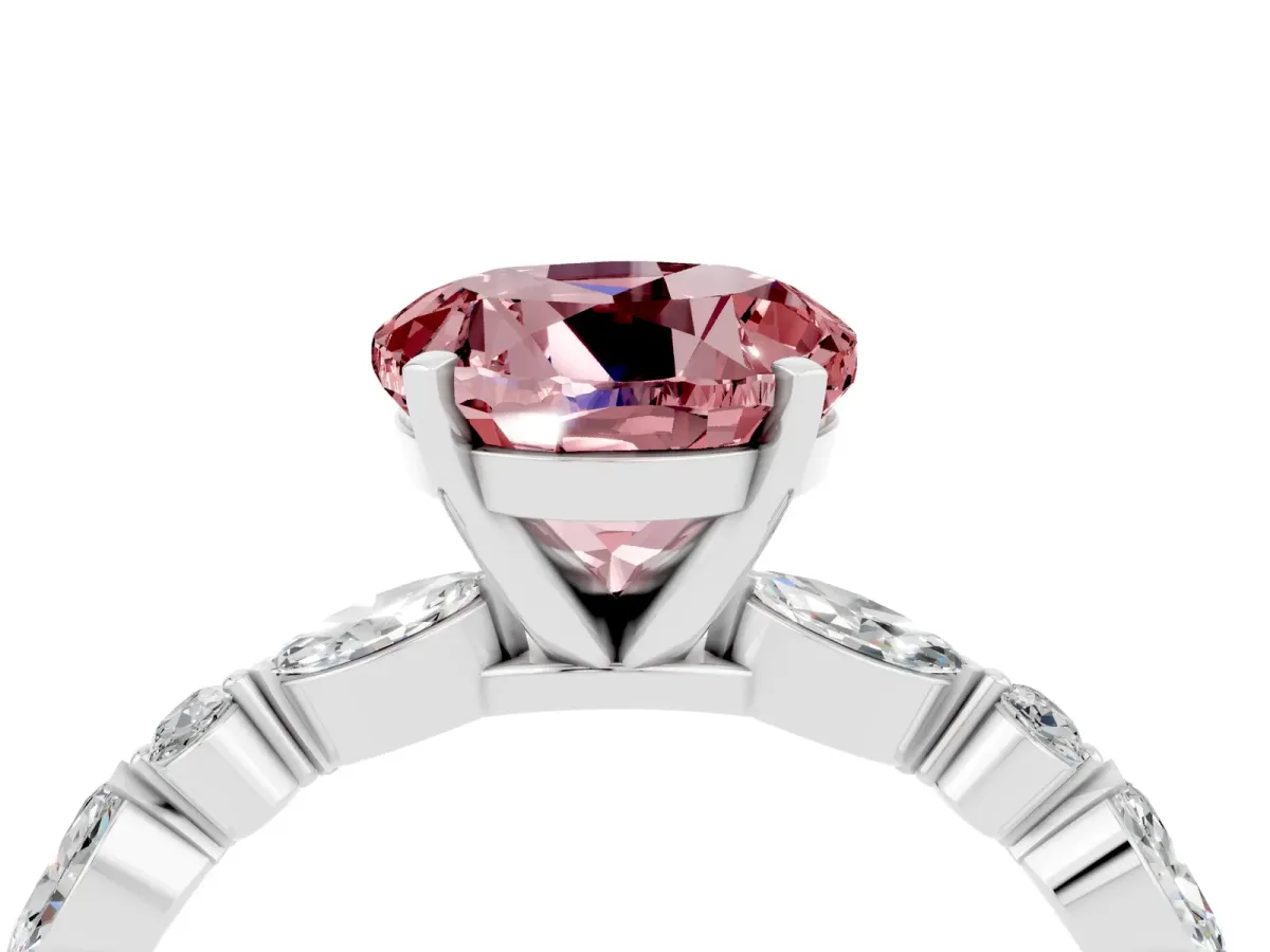 Round Cut Morganite Ring with Marquise and Round Side Stones and Four-Prong Setting Platinum