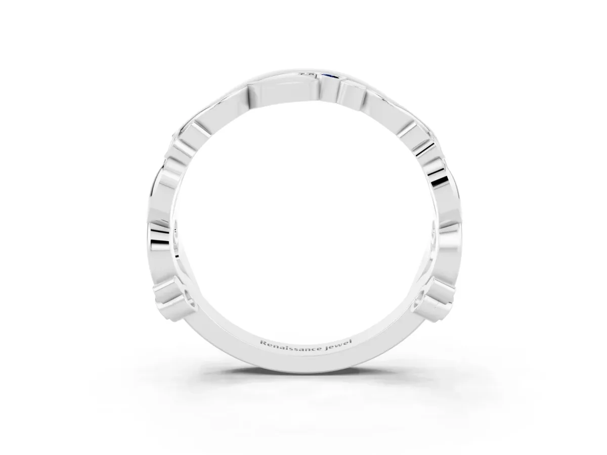 Round Blue Sapphire Leaf Eternity Band with Bezel Setting White gold