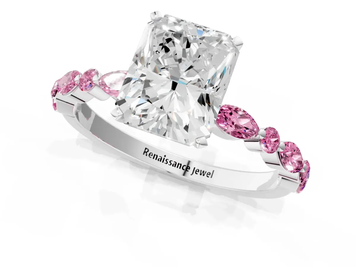 Radiant Cut Diamond Ring with Marquise and Round Pink Sapphire Side Stones and Four-Prong Setting Silver