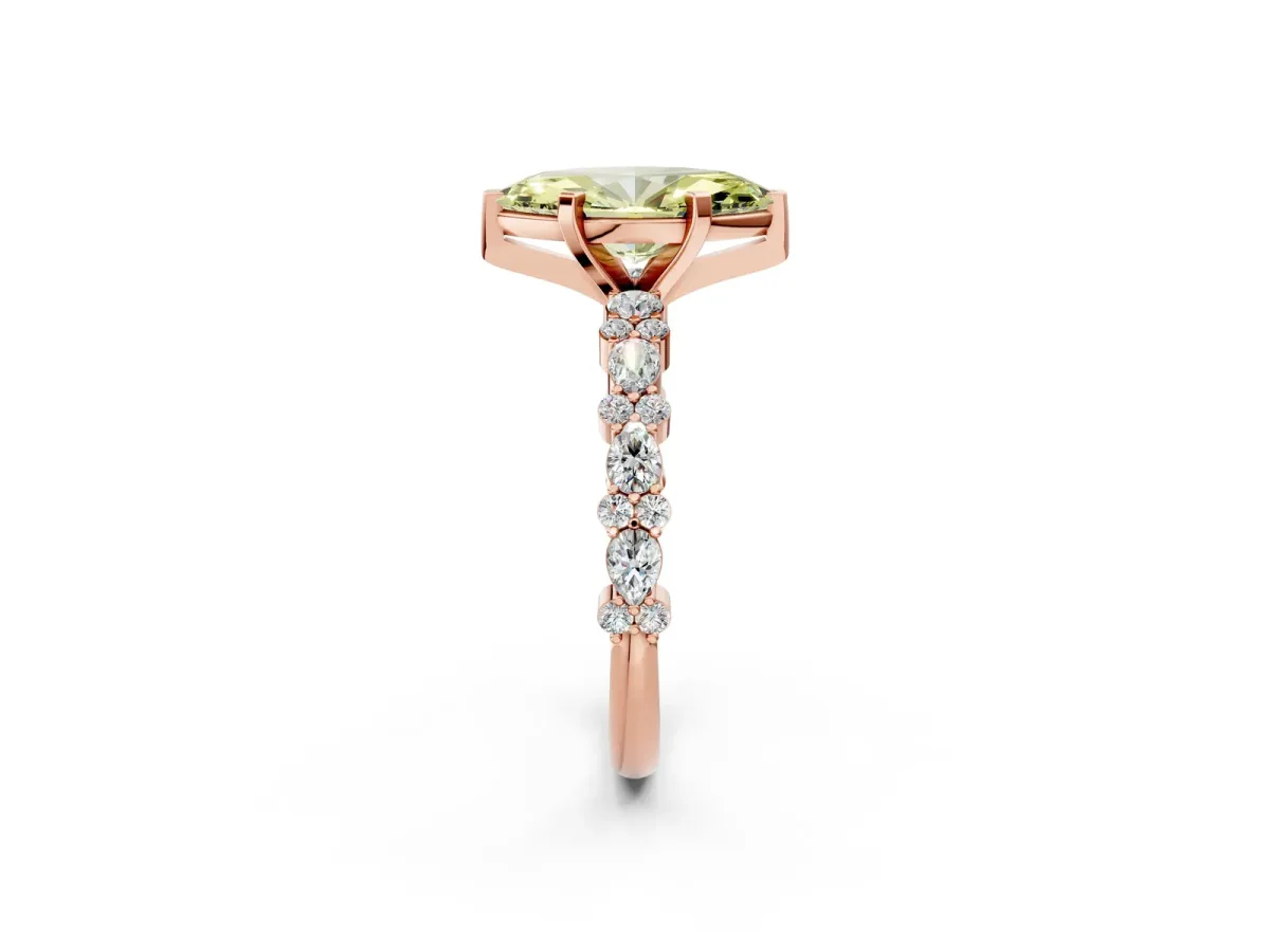 Fancy Yellow Marquise Cut Diamond Side Stone Solitaire Ring with Round and Four-Prong Setting Rose gold