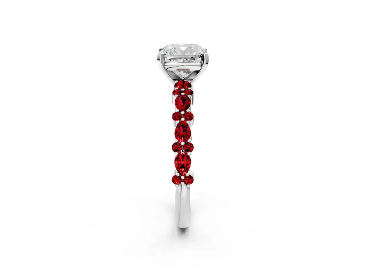 Cushion Cut Diamond Side Stone Solitaire Ring with Round Ruby and Four-Prong Setting Silver