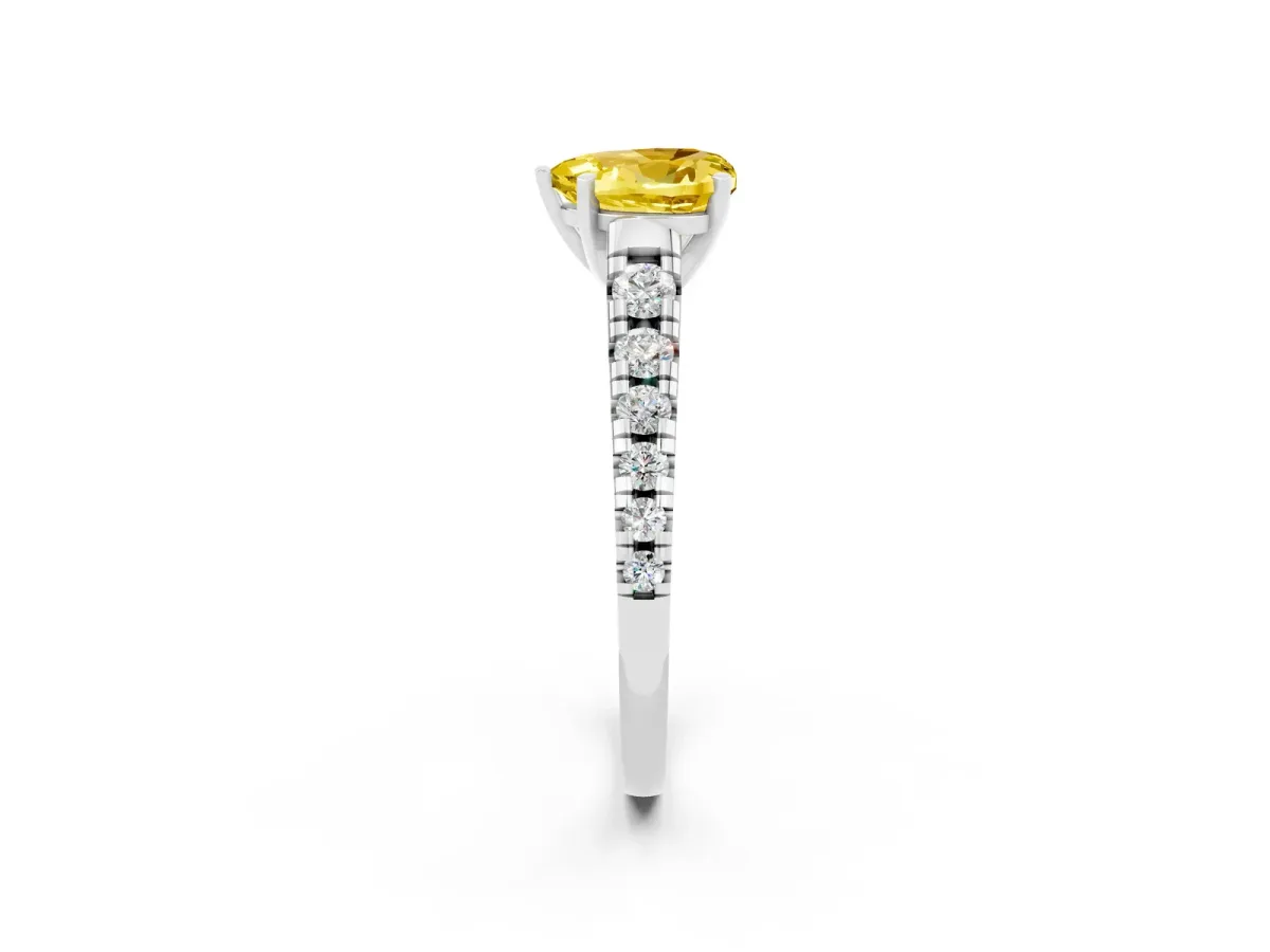 Heart Cut Yellow Sapphire Cathedral Solitaire Ring with Round Pavé Band Platinum