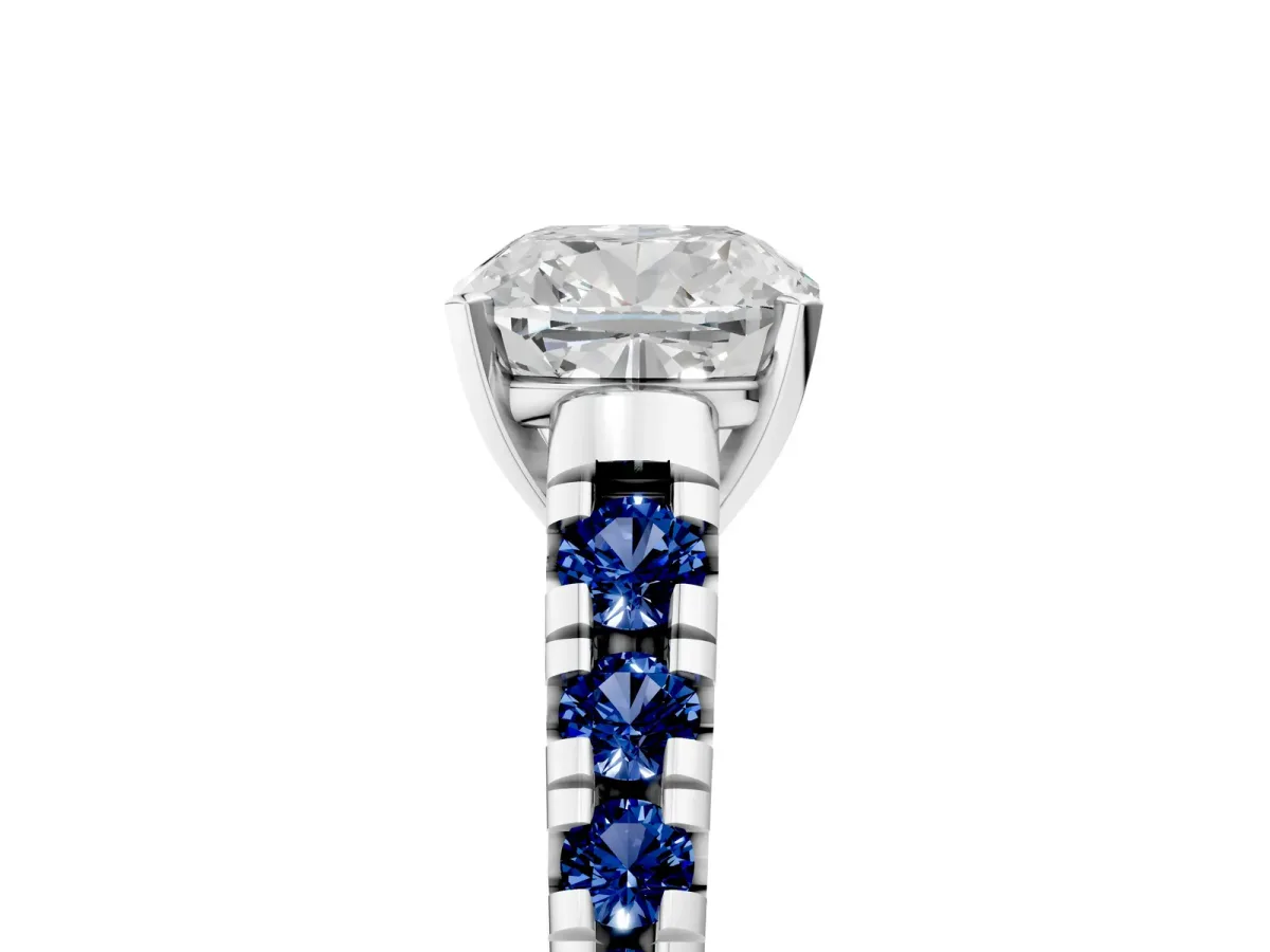 Cushion Cut Diamond Cathedral Solitaire Ring with Round Blue Sapphire Pavé Band Platinum