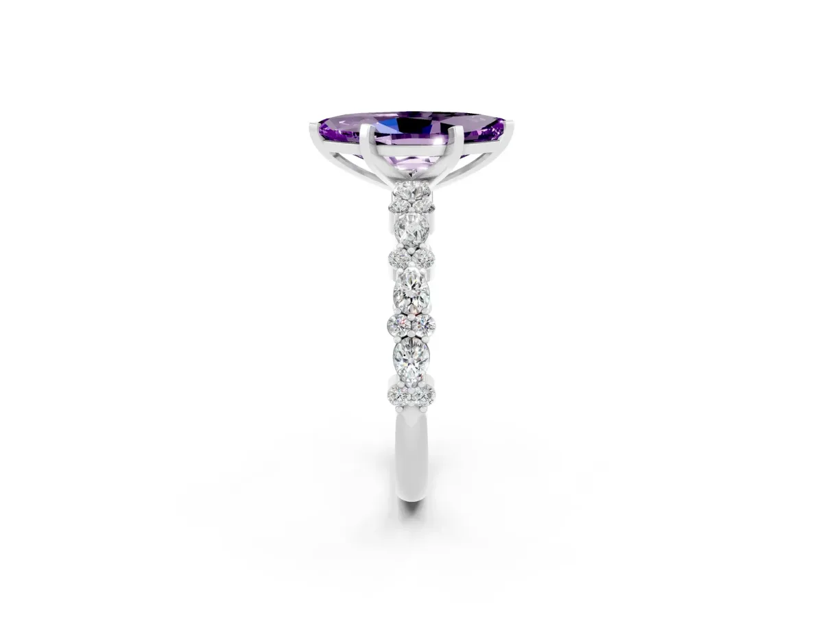 Marquise Cut Amethyst Side Stone Solitaire Ring with Round and Four-Prong Setting White gold