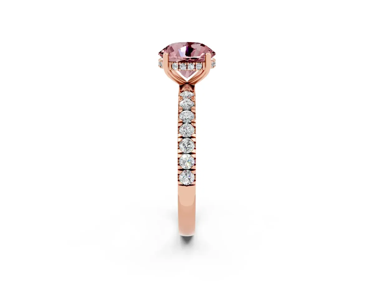 Round Cut Morganite Pave Band Solitaire Ring with Round and Prong Setting Rose gold