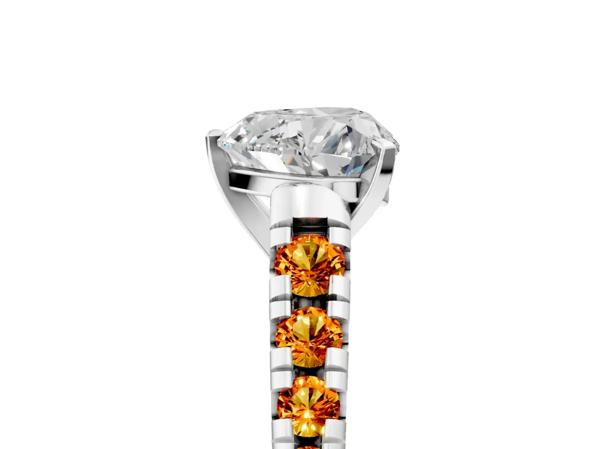 Heart Cut Diamond Cathedral Solitaire Ring with Round Citrine Pavé Band Silver