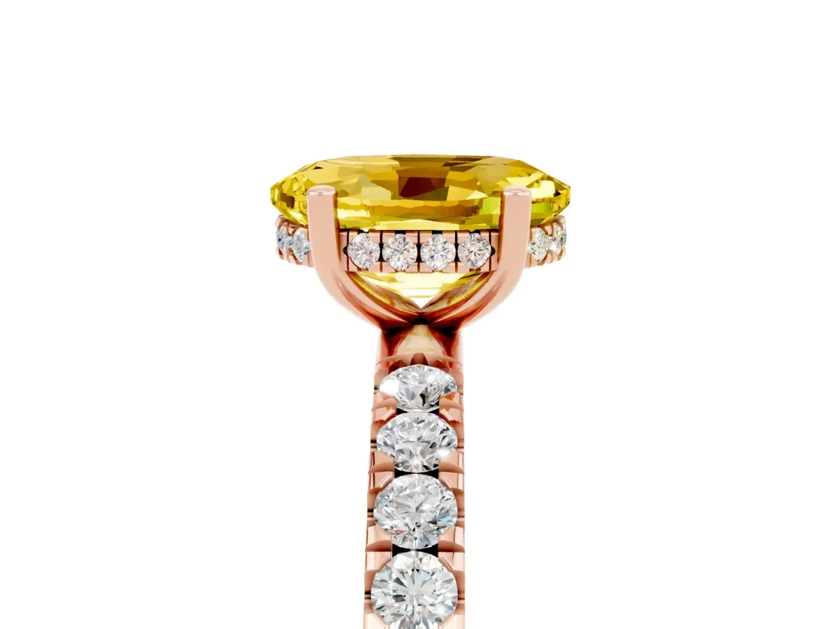 Oval Cut Yellow Sapphire Pave Band Solitaire Ring with Round and Prong Setting Rose gold