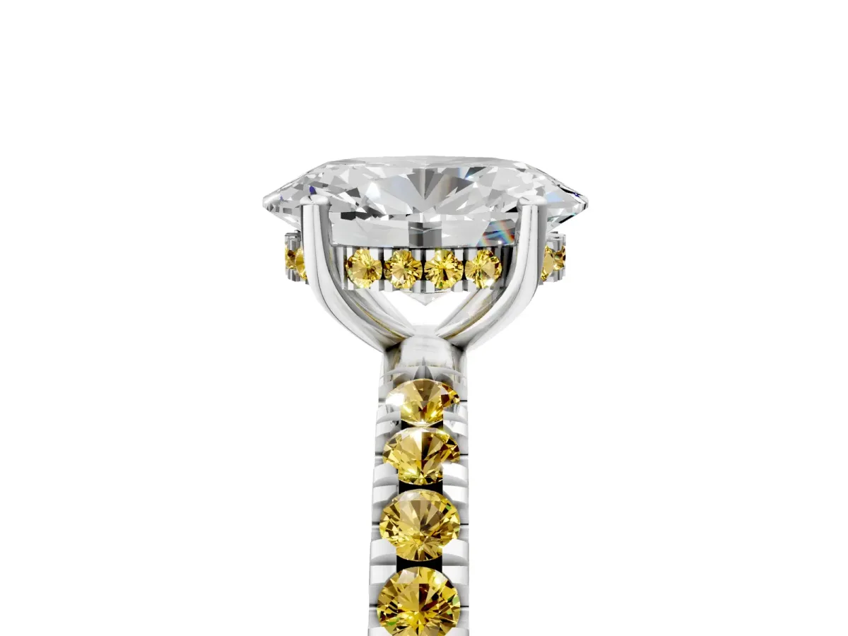 Oval Cut Diamond Pave Band Solitaire Ring with Round Yellow Sapphire and Prong Setting Platinum