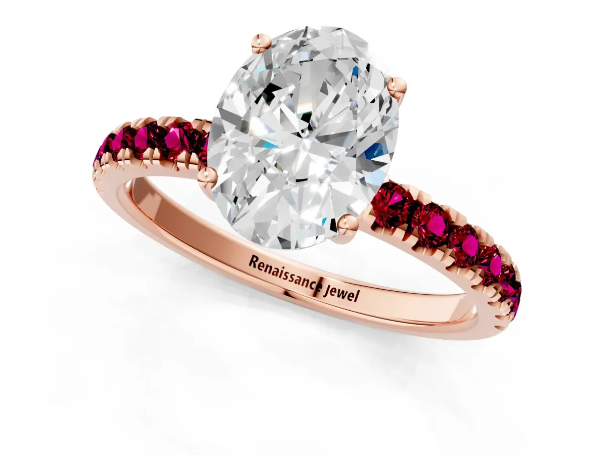 Oval Cut Diamond Pave Band Solitaire Ring with Round Garnet and Prong Setting Rose gold