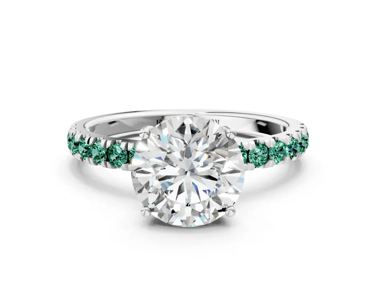 Round Cut Diamond Pave Band Solitaire Ring with Round Green Sapphire and Prong Setting Platinum