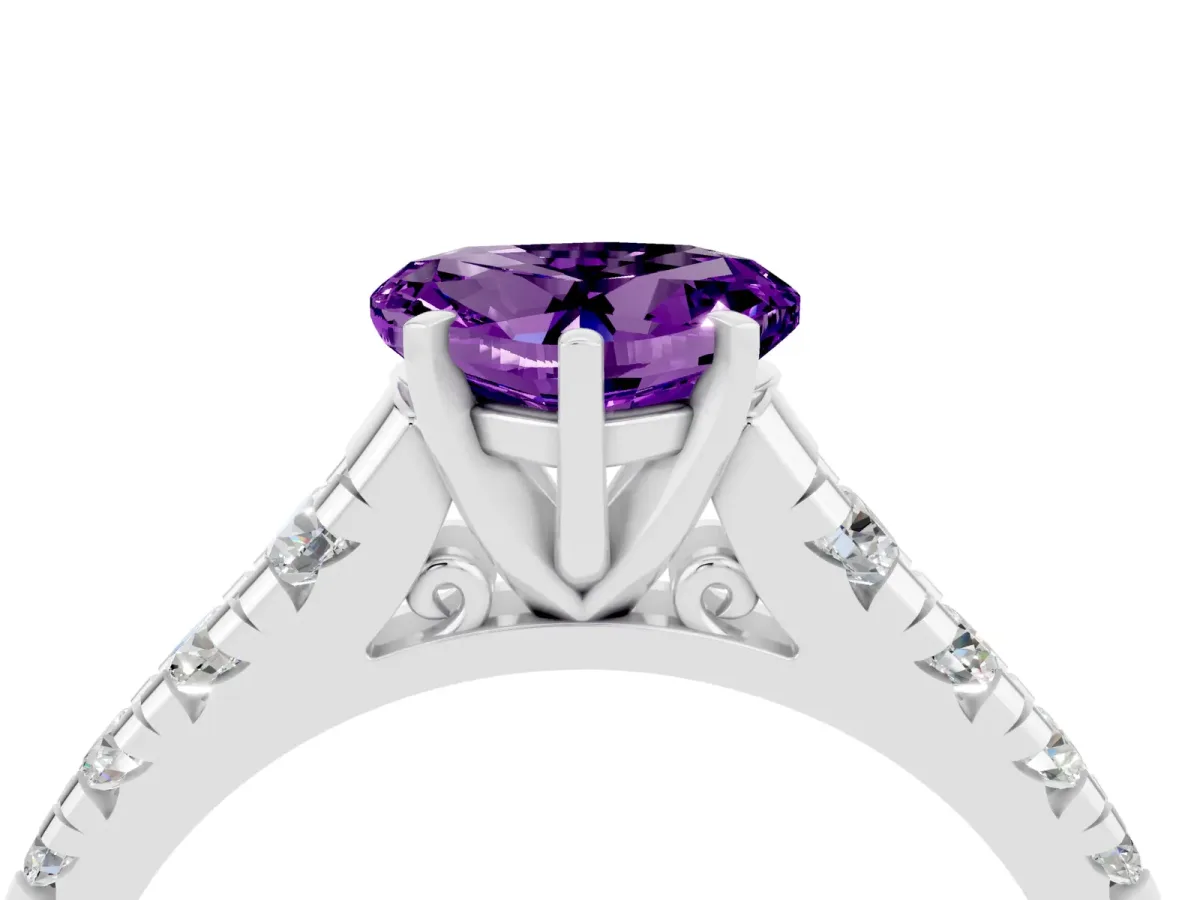Heart Cut Amethyst Cathedral Solitaire Ring with Round Pavé Band White gold