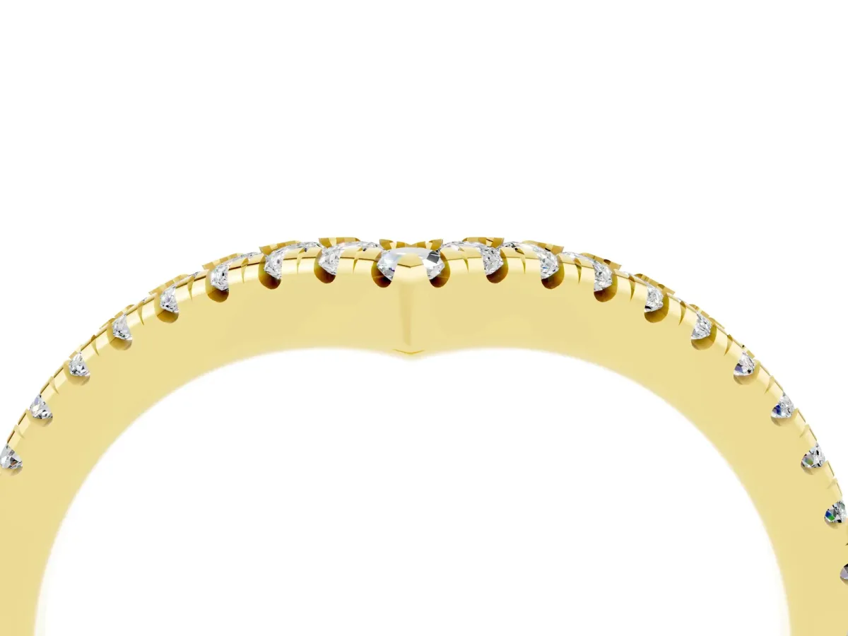 Pavé Round Moissanite V-Shaped Chevron Band with Shared Prong Setting Yellow gold