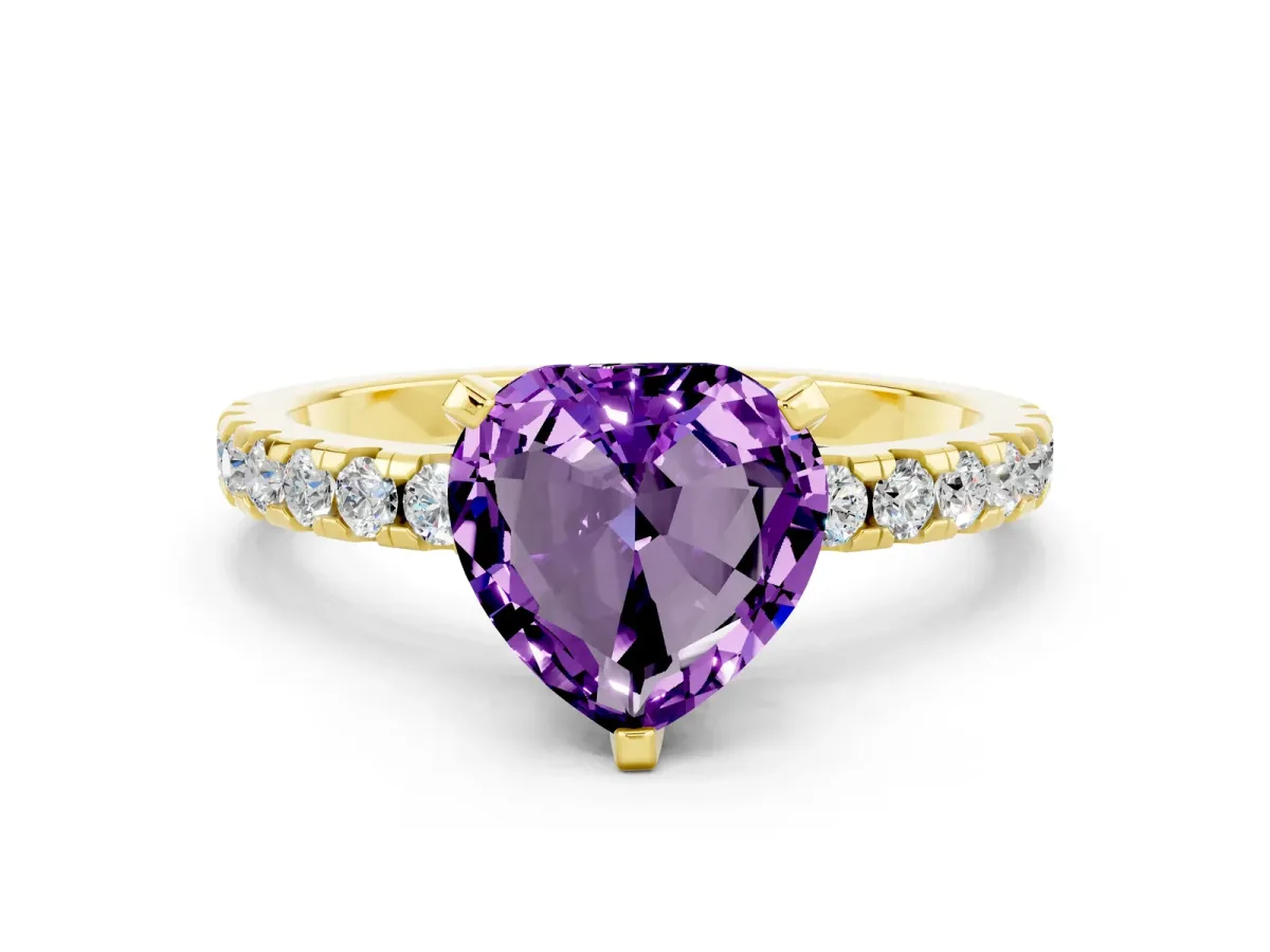 Heart Cut Amethyst Solitaire Ring with Round Pavé Band and Four-Prong Setting Yellow gold