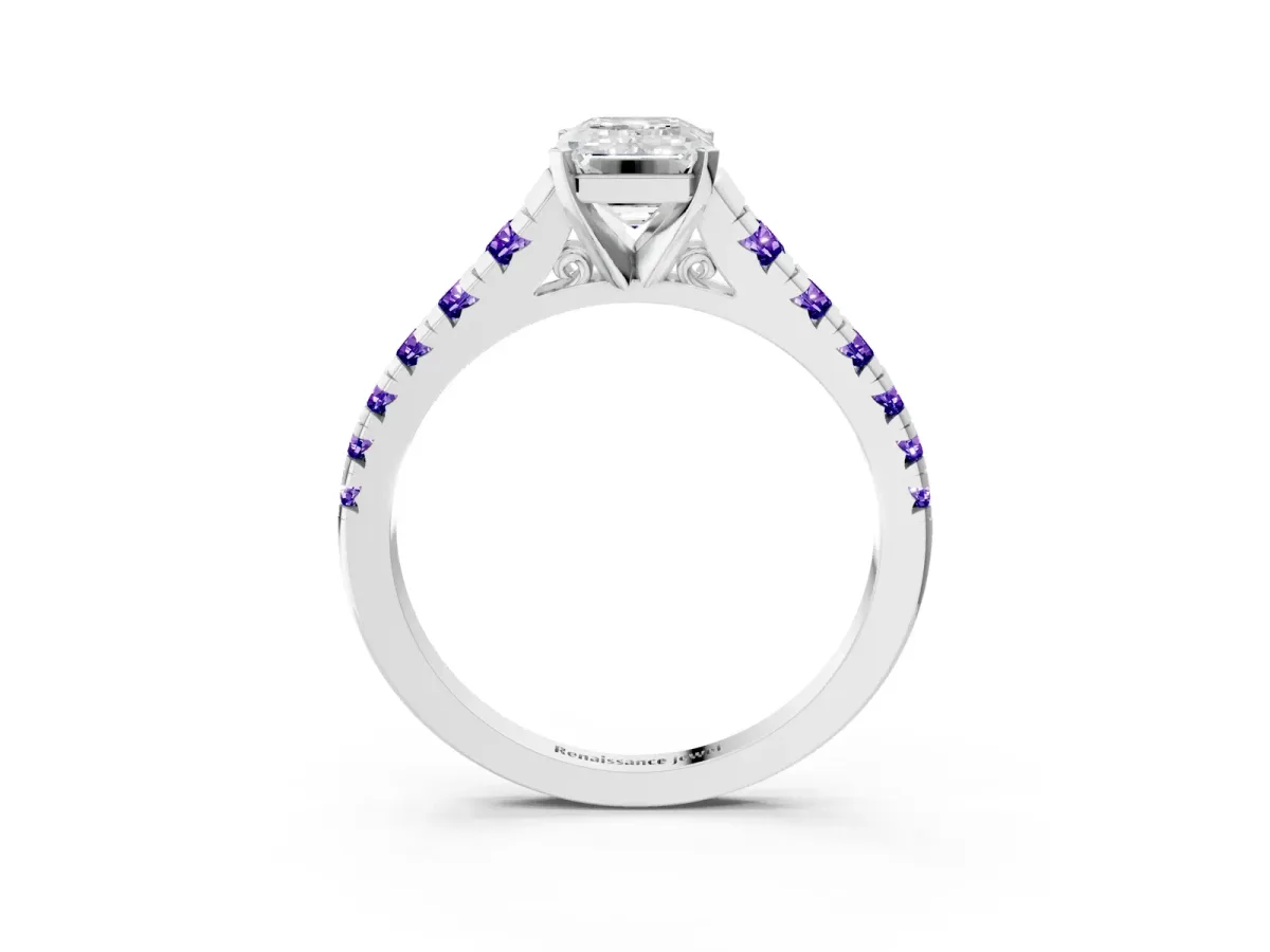 Emerald Cut Diamond Cathedral Solitaire Ring with Round Tanzanite Pavé Band Platinum