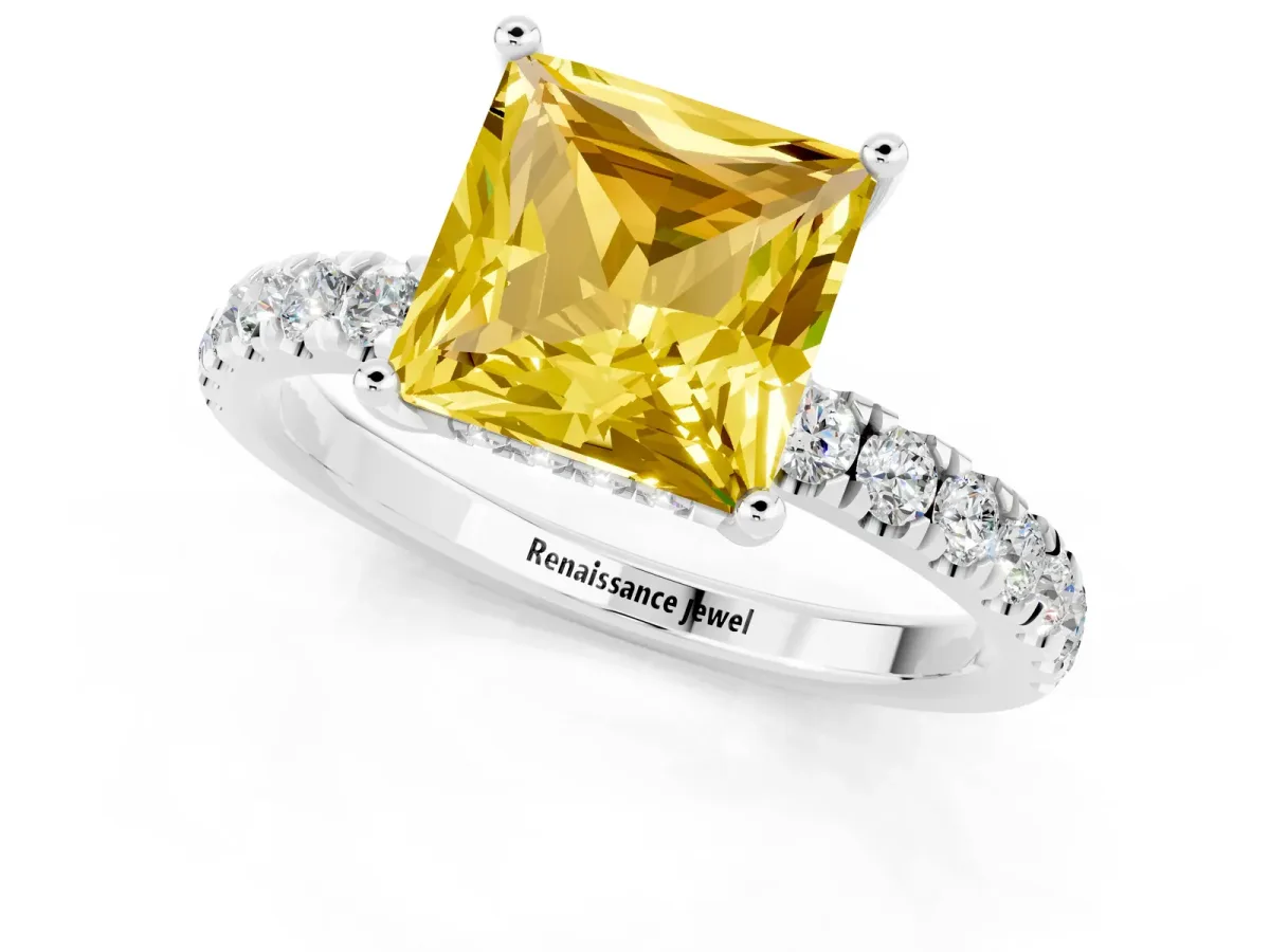 Princess Cut Yellow Sapphire Pave Band Solitaire Ring with Round and Prong Setting Platinum