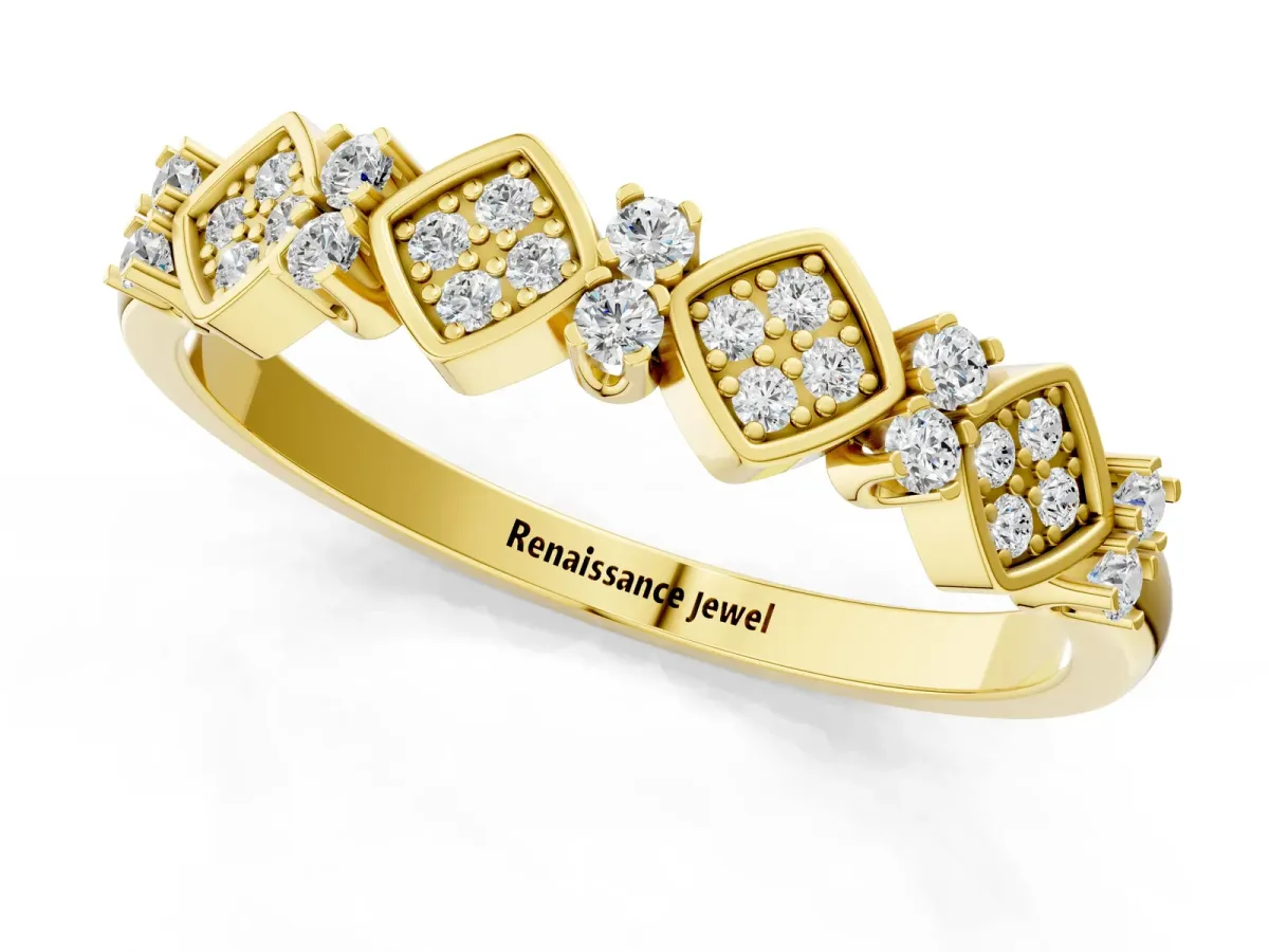 Pavé Cushion Diamond Cluster Eternity Band with Prong Setting Yellow gold