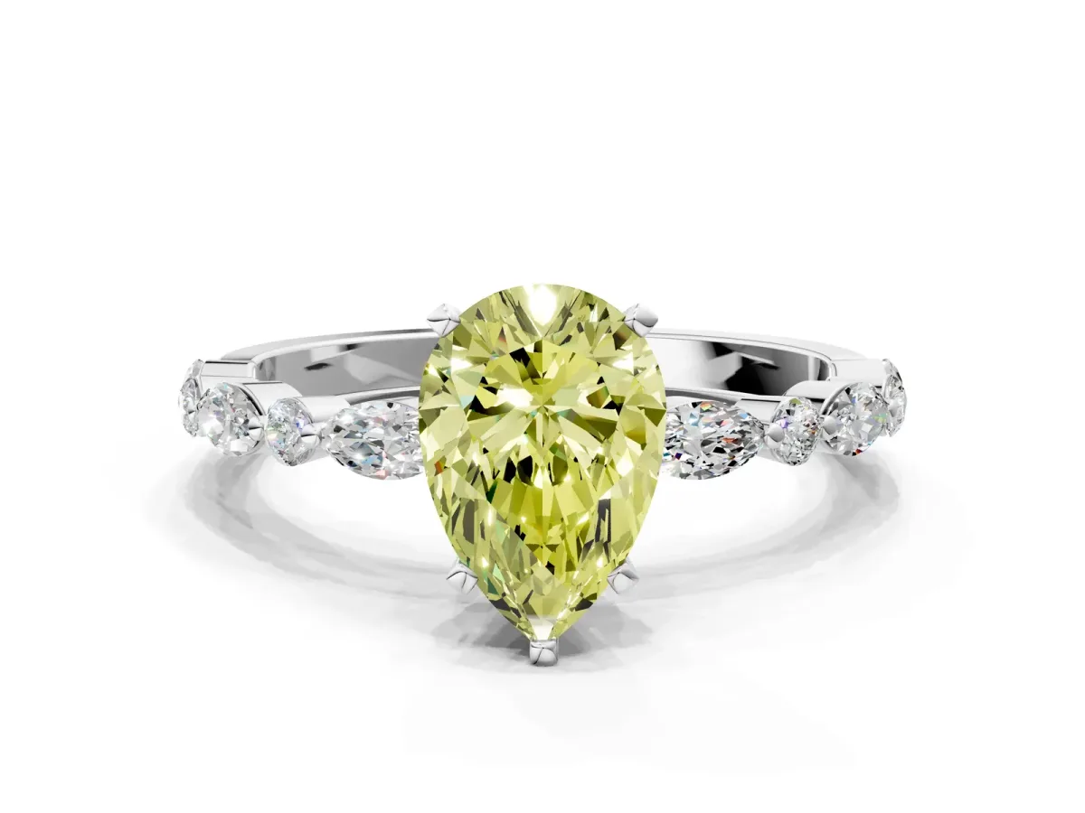 Fancy Yellow Pear Cut Diamond Ring with Marquise and Round Side Stones and Four-Prong Setting Platinum