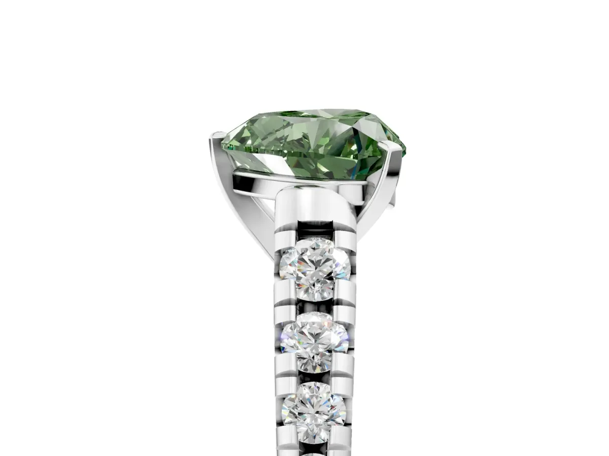Fancy Green Heart Cut Diamond Cathedral Solitaire Ring with Round Pavé Band Silver