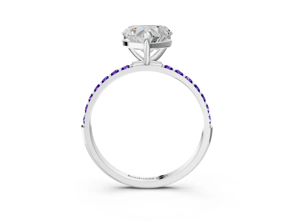 Heart Cut Diamond Solitaire Ring with Round Tanzanite Pavé Band and Prong Setting Platinum