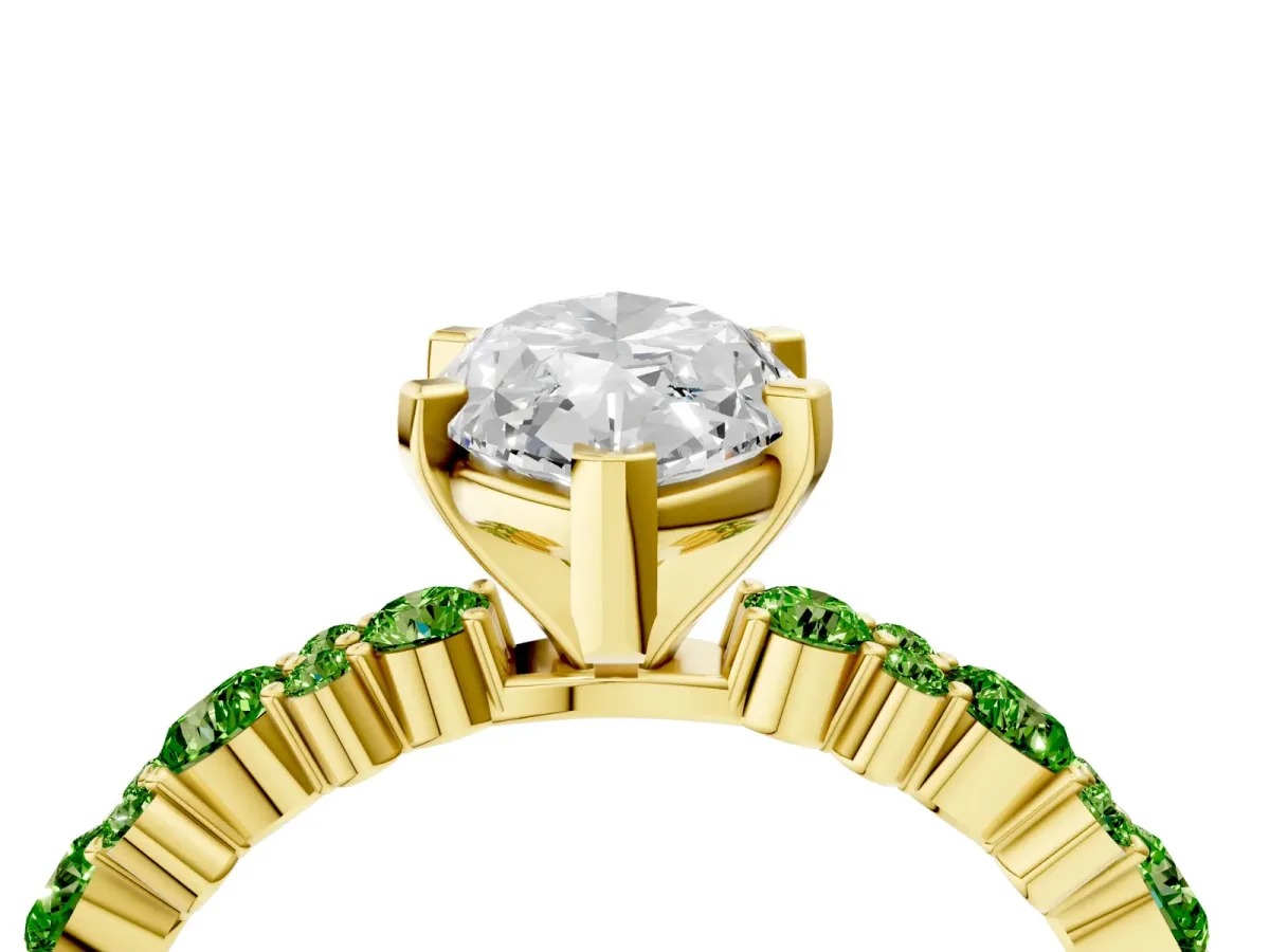 Marquise Cut Diamond Side Stone Solitaire Ring with Round Peridot and Four-Prong Setting Yellow gold