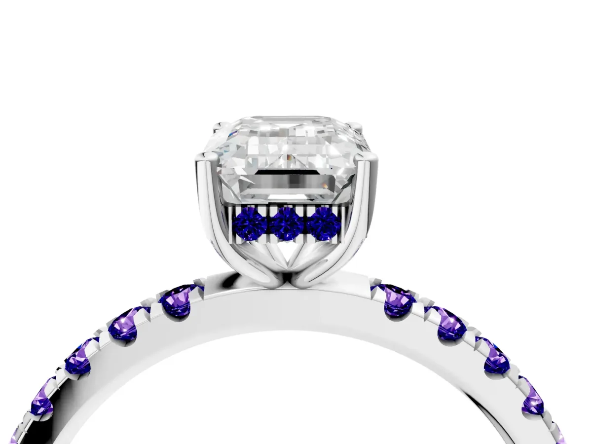 Emerald Cut Diamond Pave Band Solitaire Ring with Round Tanzanite and Prong Setting Platinum