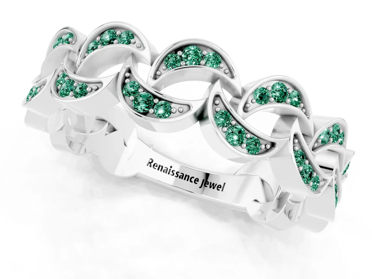Pavé Round Green Sapphire Interlocking Eternity Band with Bezel Prong Setting Platinum