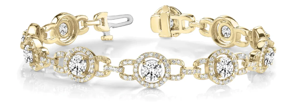 Round Diamond Halo Link Bracelet with Prong Setting Yellow gold