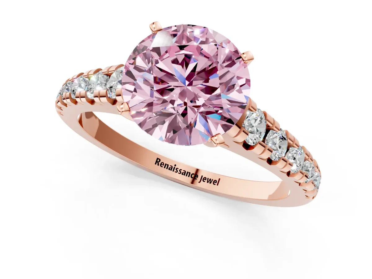 Fancy Pink Round Cut Diamond Cathedral Solitaire Ring with Round Pavé Band Rose gold