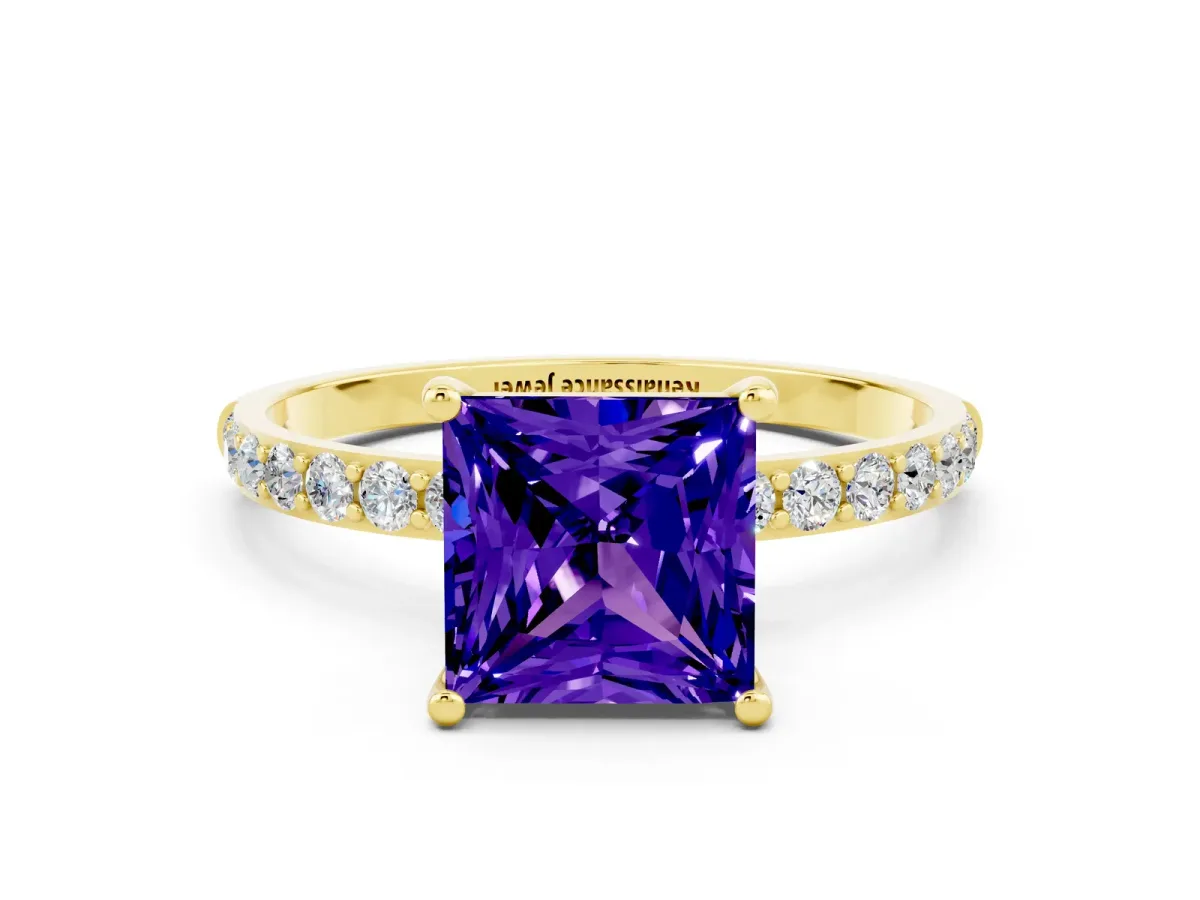 Princess Cut Tanzanite Solitaire Ring with Round Pavé Band and Prong Setting Yellow gold