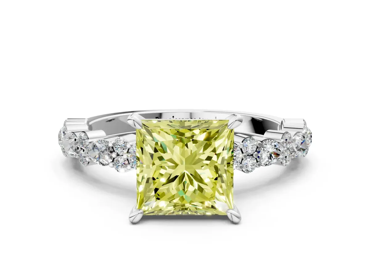 Fancy Yellow Princess Cut Diamond Side Stone Solitaire Ring with Round and Four-Prong Setting Platinum