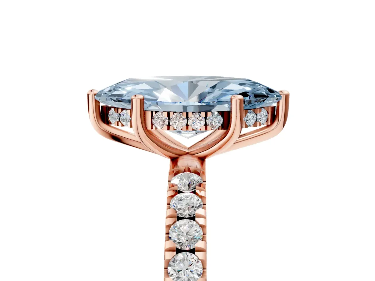 Fancy Blue Marquise Cut Diamond Pave Band Solitaire Ring with Round and Prong Setting Rose gold