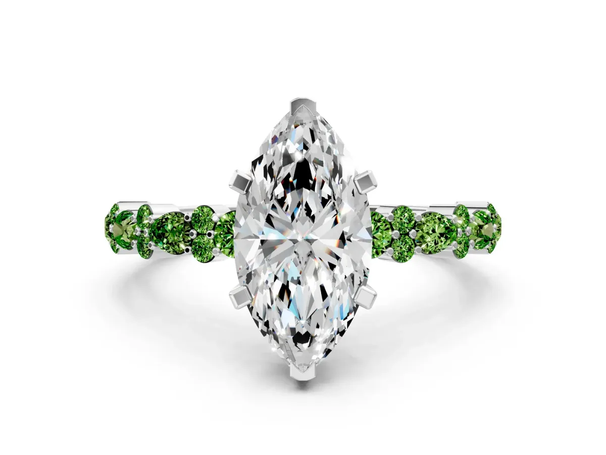 Marquise Cut Diamond Side Stone Solitaire Ring with Round Peridot and Four-Prong Setting Platinum