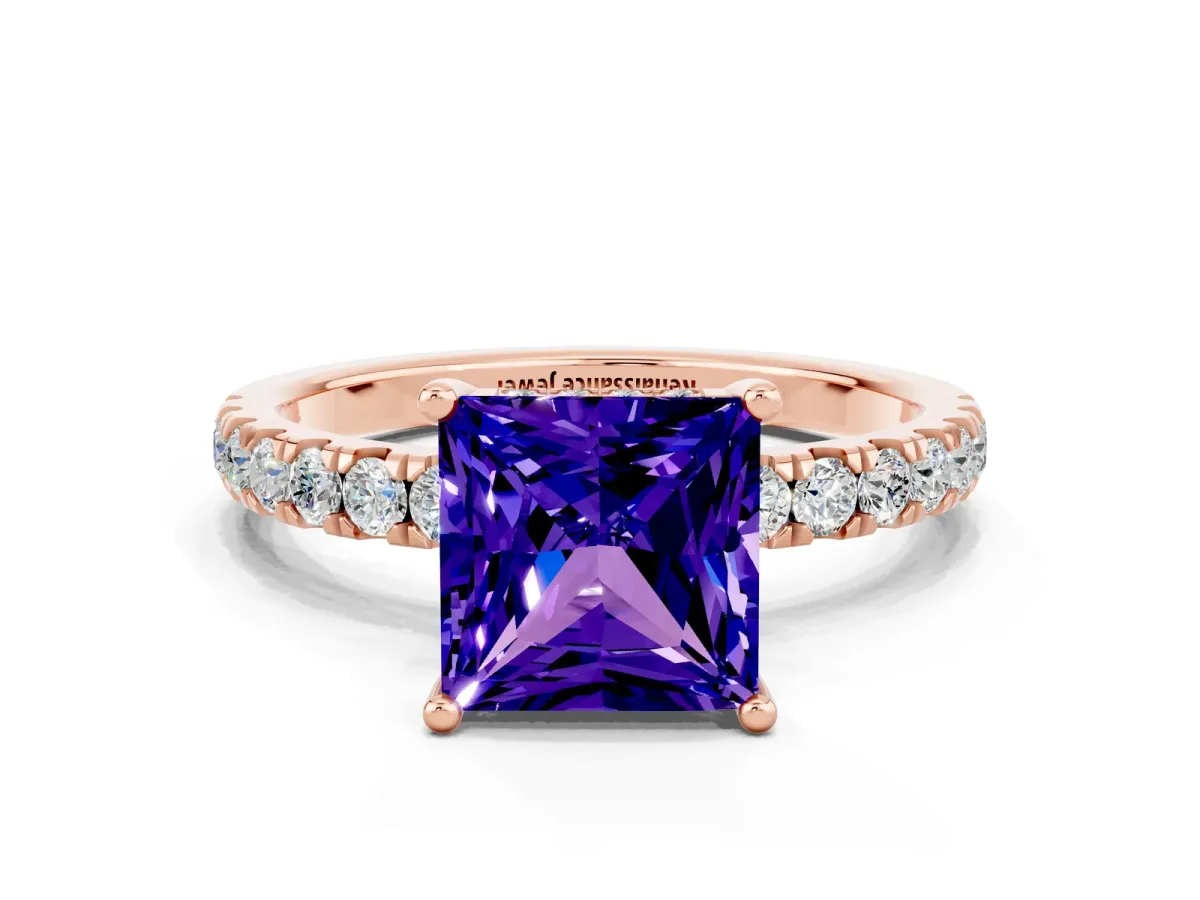 Princess Cut Tanzanite Pave Band Solitaire Ring with Round and Prong Setting Rose gold