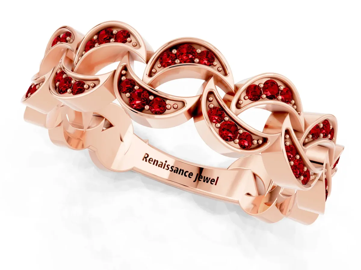 Pavé Round Ruby Interlocking Eternity Band with Bezel Prong Setting Rose gold