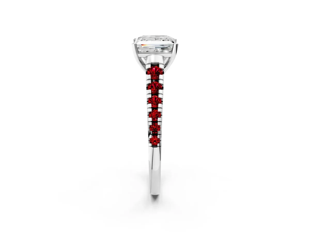 Princess Cut Diamond Cathedral Solitaire Ring with Round Ruby Pavé Band Platinum