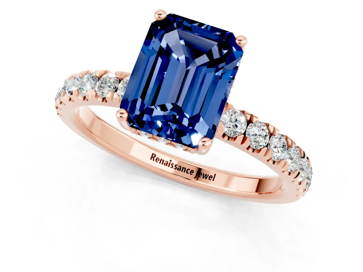 Emerald Cut Blue Sapphire Pave Band Solitaire Ring with Round and Prong Setting Rose gold