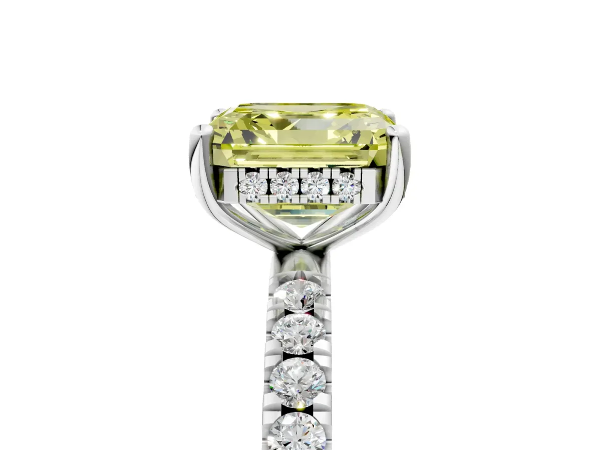 Fancy Yellow Asscher Cut Diamond Pave Band Solitaire Ring with Round and Prong Setting White gold