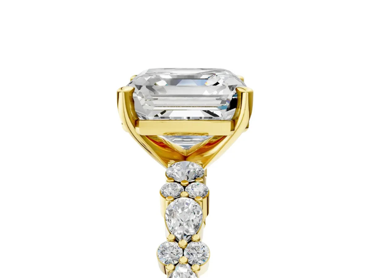 Asscher Cut Diamond Side Stone Solitaire Ring with Round and Four-Prong Setting Yellow gold