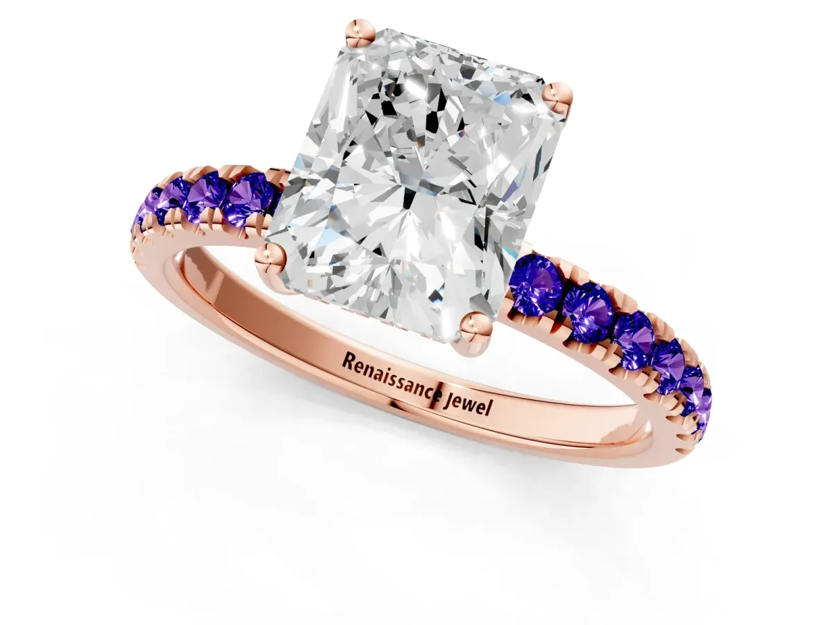 Radiant Cut Diamond Pave Band Solitaire Ring with Round Tanzanite and Prong Setting Rose gold