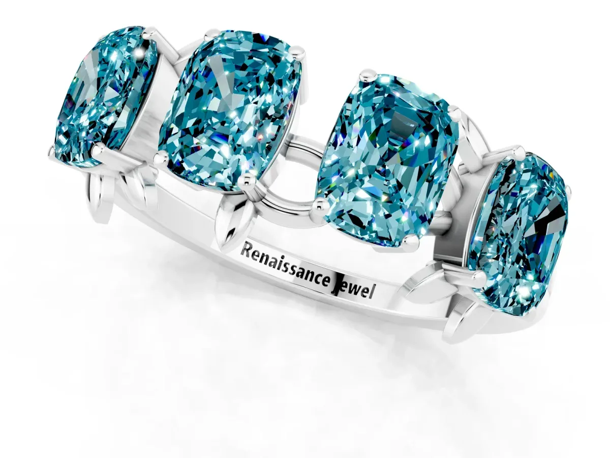 Four-Stone Elongated Cushion Blue Topaz Band with Nature-Inspired Prong Setting Silver