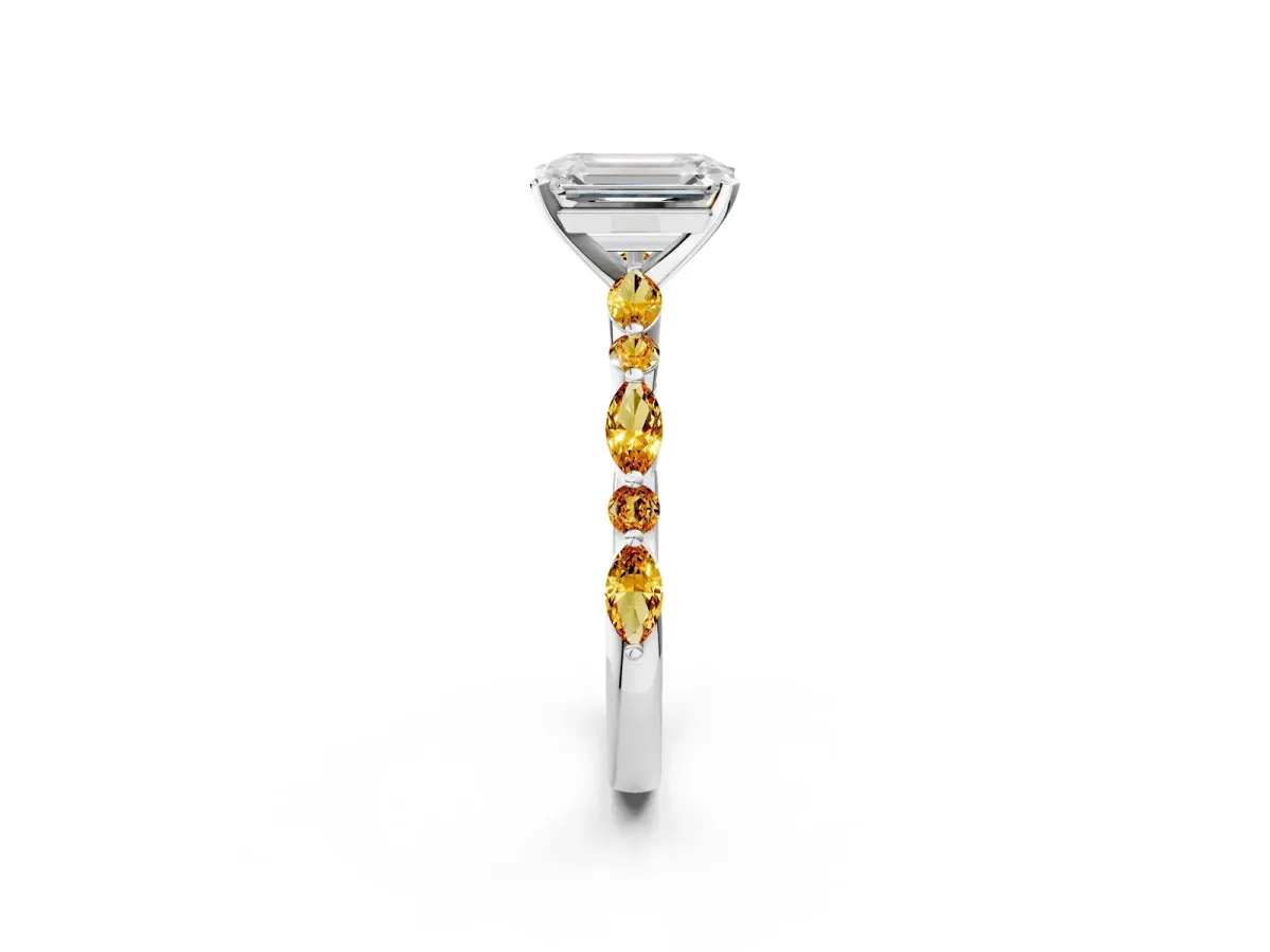 Emerald Cut Diamond Ring with Marquise and Round Citrine Side Stones and Four-Prong Setting Platinum