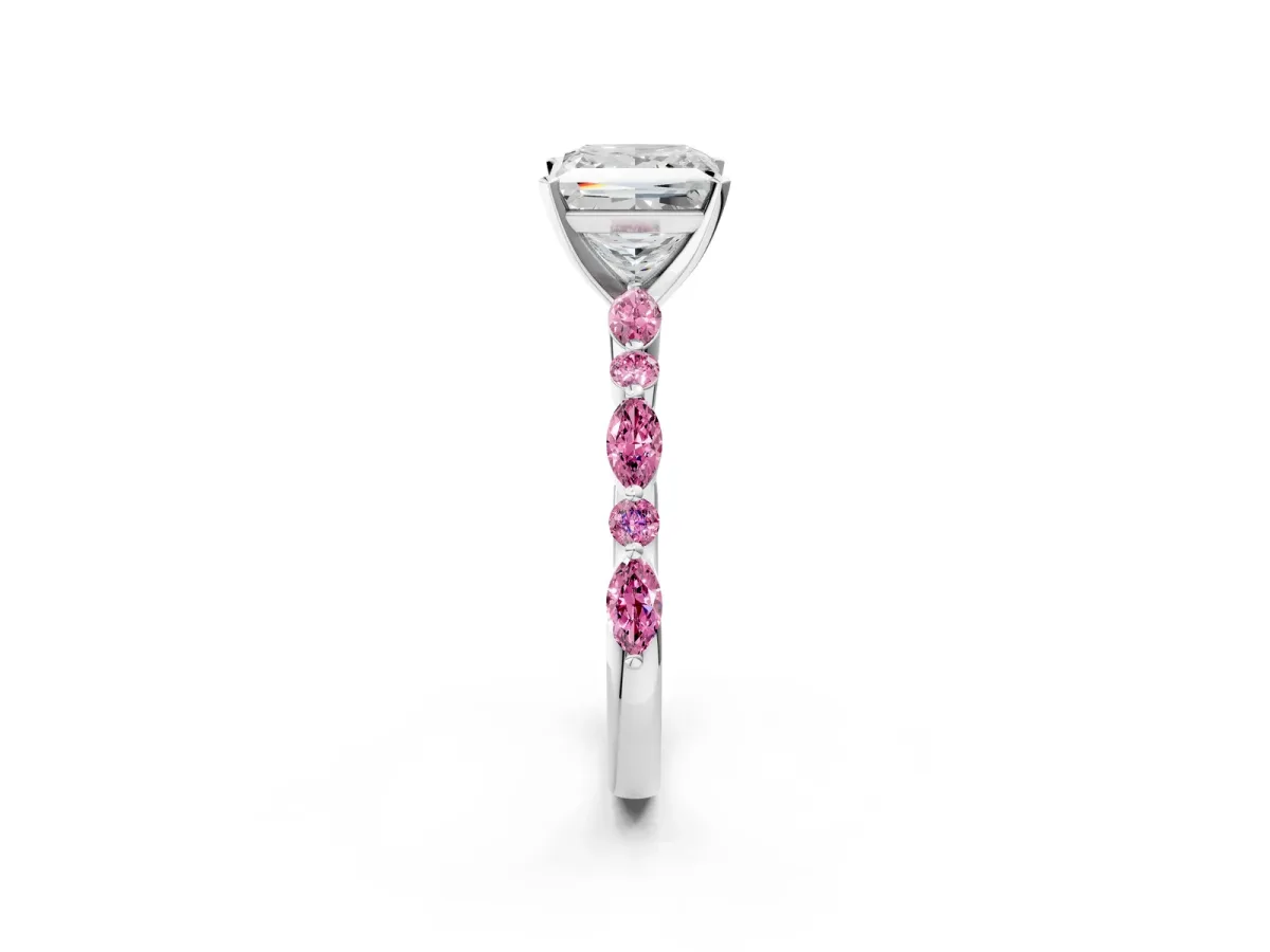 Princess Cut Diamond Ring with Marquise and Round Pink Sapphire Side Stones and Four-Prong Setting Silver