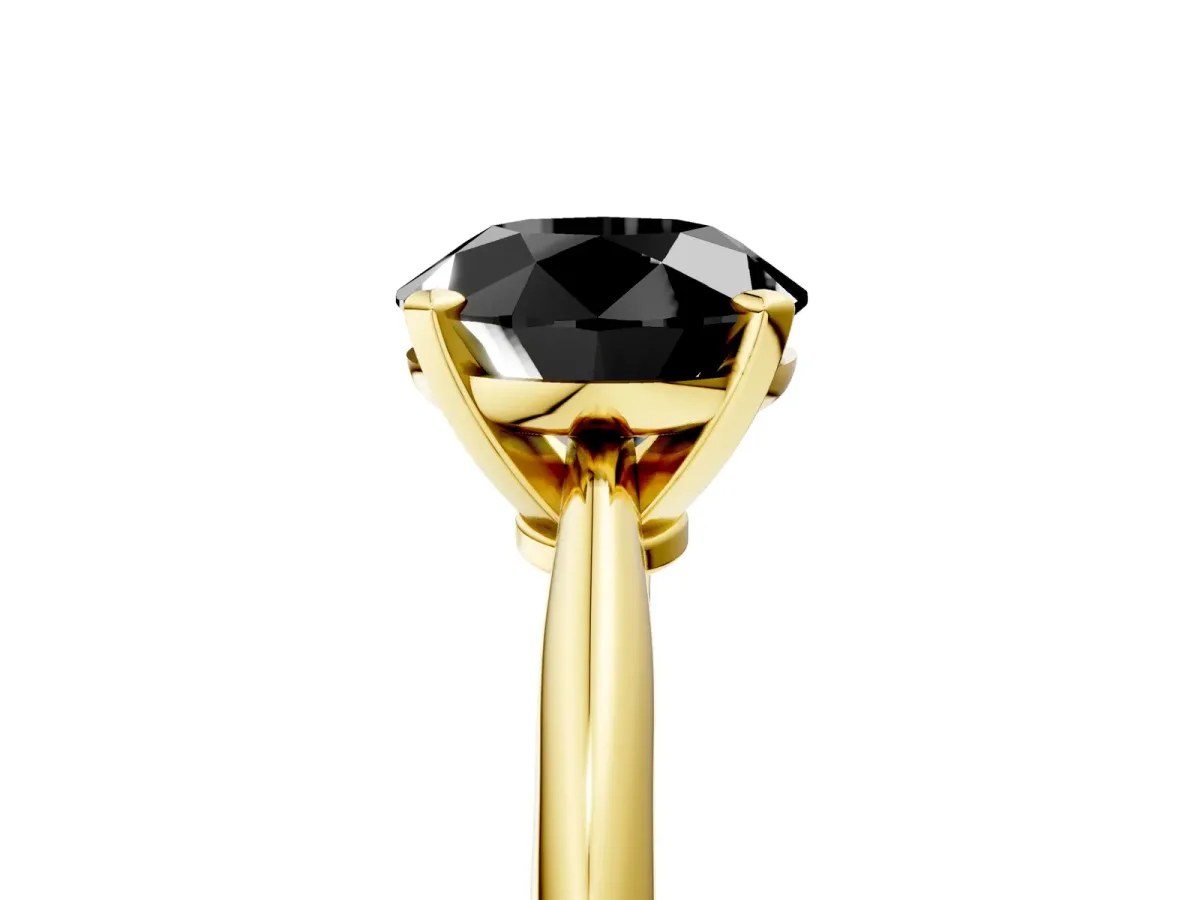 Fancy Black Round Cut Diamond Solitaire Engagement Ring with Classic Band and Four-Prong Setting Yellow gold