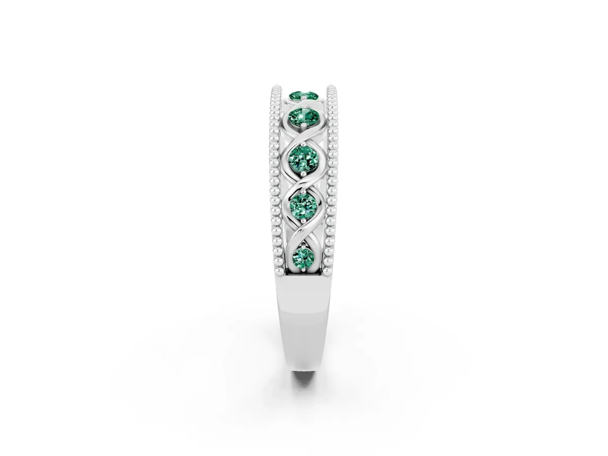 Round Green Sapphire Twist Milgrain Band with Bezel Setting Silver
